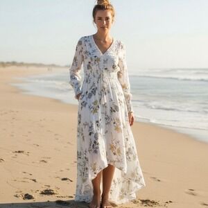 Floral Maxi Dress White Long Sleeve Tiered Smocked Waist Sz M High Low Tiered